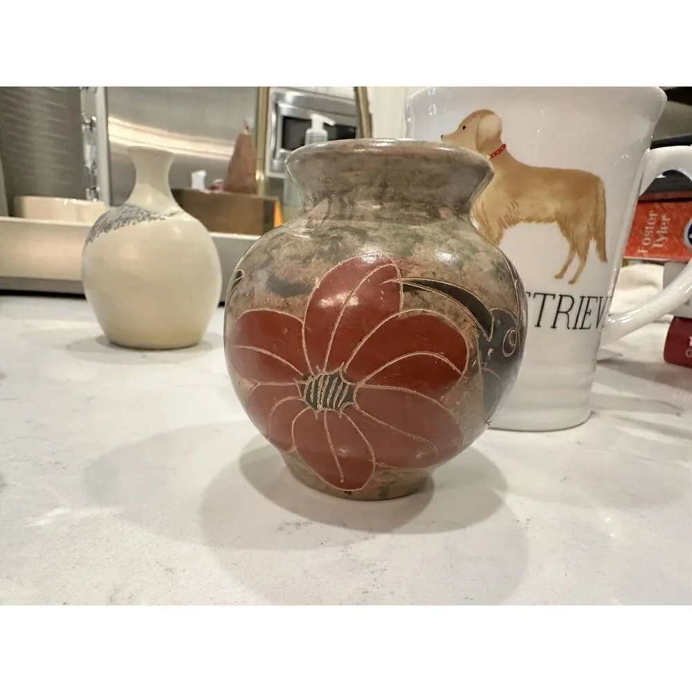 Vintage Costa Rica Art Pottery Vase Bird Flower Cut Away Design Hand-painted 4